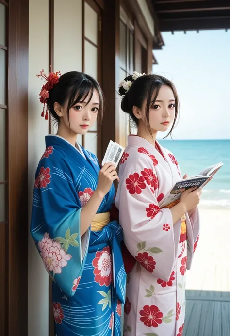 Two women holding kites standing against a wall near the sea, classy Yukata attire,  Very Magical and Dreamy Photos  , Yukata attire, japanese kimono, wearing a kimono, wearing kimono, moving, Eiko Ishioka, By Aguri Uchida, Magazine editorial photo, Kuruma...