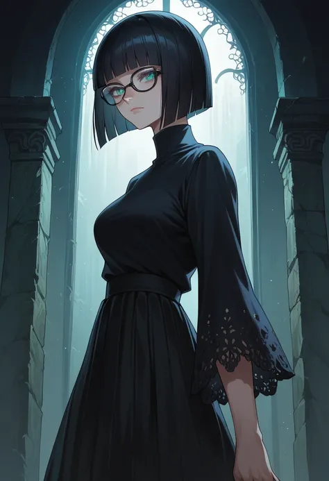 score_9_presence, score_8_up, score_7_up, sexy female, Hyper realistic, perfect face, perfect lighting, Black hime cut, Straight Hair, short hair, Glasses, closed mouth, Long maxi skirt