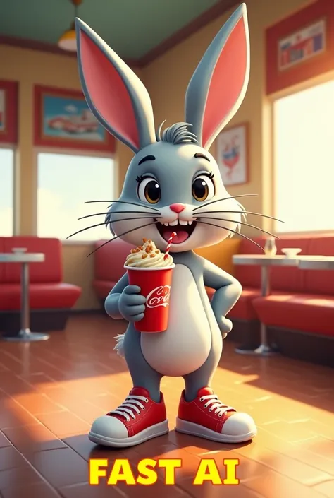 Prompt: "A cartoon-style anthropomorphic gray rabbit standing in a classic diner with wooden floors and vintage furniture. The rabbit has large ears, a round belly, and is wearing red sneakers with white laces. It is holding a Coca-Cola cup with a straw, a...