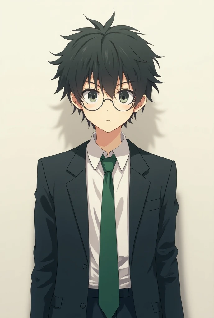 Japanese male high school student with fuzzy head glasses in a black blazer and green tie