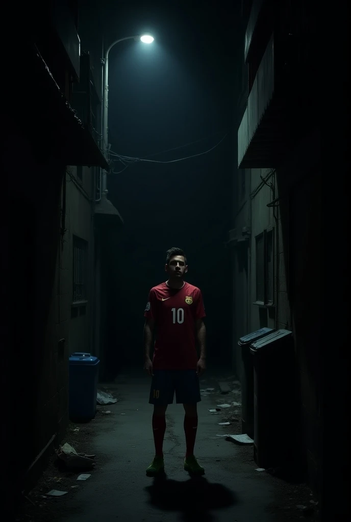 "Create an hyper realistic image of a dark, narrow alleyway at night, with only a single dim streetlight casting a soft, moody glow onto the scene. Messi is standing in the shadows, wearing his jersey, his face slightly illuminated with a cautious, alert e...