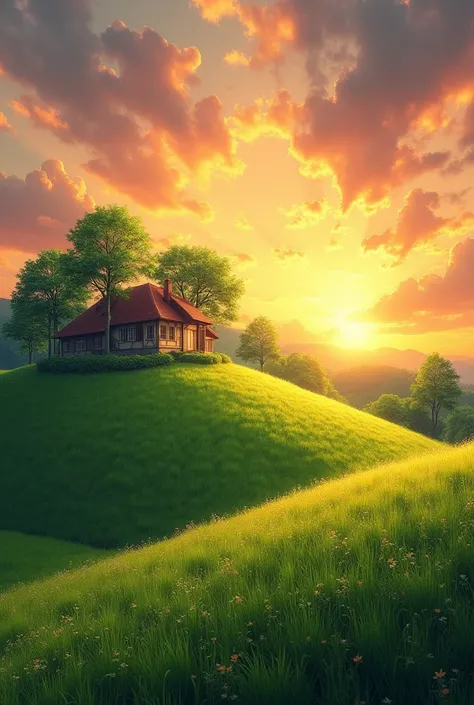  Afternoon atmosphere in the countryside with sunset,  house view ,  green grass , trees ,  of the best quality ,  masterpiece , 4k resolution