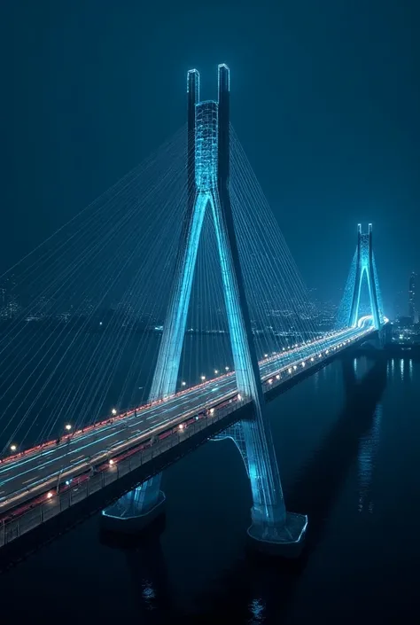 A futuristic architectural depiction of Tran Thi Ly Bridge in Da Nang, Vietnam, featuring a cable-stayed bridge design with a tall central pylon angled like a sail. The bridge is illuminated with intricate neon lights along its cables and structure, castin...