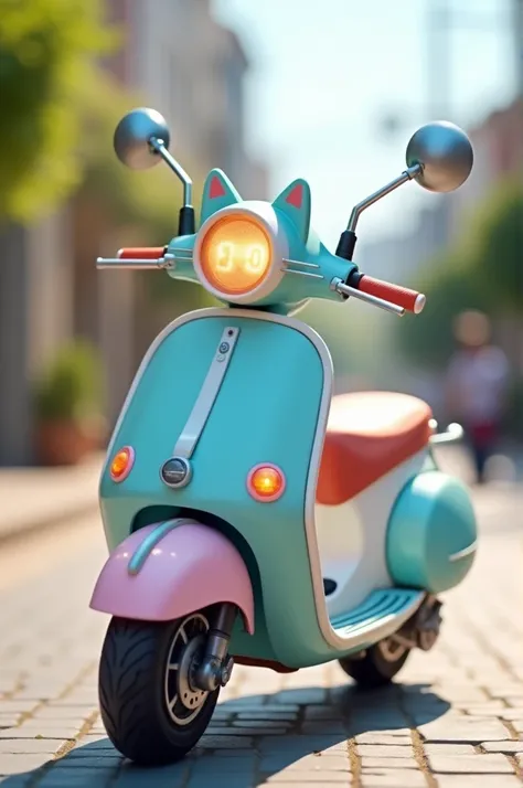 A whimsical scooter shaped like an adorable cat, with a sleek and modern design. The body of the scooter is painted in soft pastel colors of blue, pink, and white, blending harmoniously to create a playful, yet stylish look. The front headlight is uniquely...