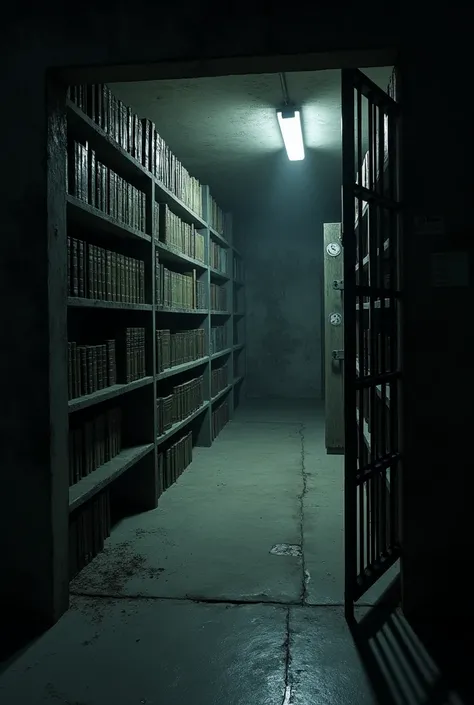 A basement-like place with bookshelves, as seen from inside a prison ( no people)