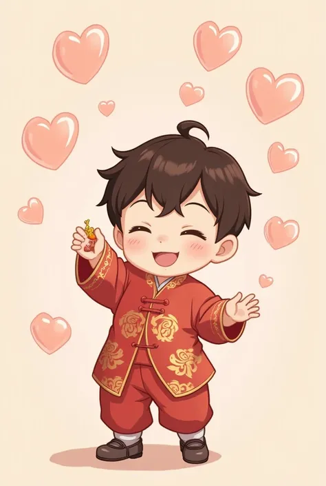 Chinese Baby Boy One Man Illustration、anime、High image quality、cute、llustration, Wearing an Antique Chinese Dress with Stuffed Hair,Put on vintage shoes,handful,There are clear pink bubbles, floating, in the shape of a transparent white heart, crawling