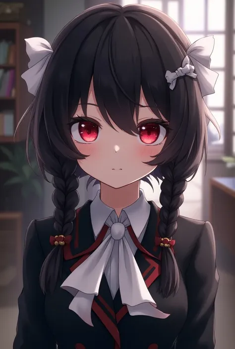 Create an anime character with black hair, red eyes, blood red eyes in a British private junior high school student costume. Braided hair on both sides, tied with a white bow.