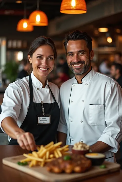 Buffalo grill équipe de plusieurs origines soudée serveur avec badge et cuisinier avec veste blanche