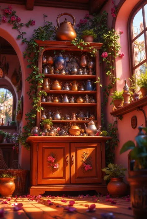 draw a picture of a cabinet located in the kitchen in a simple house.   inside the cabinet there are many kettles but there is a motif .  while at the top there is a magic kettle with beautiful paintings of flowers and stars.