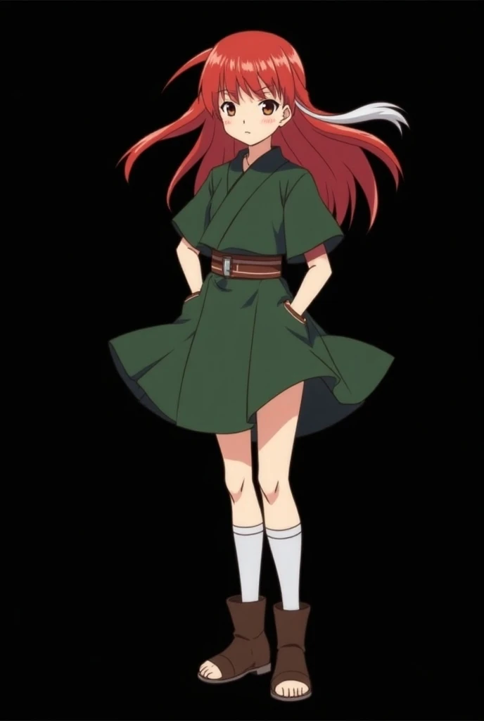 Create an image of a beautiful girl standing and full bodied, Mai Yamamoto  ( eleven years ).  character from the anime  "Classic Naruto" exactly like in the animation .  straight red fire-colored hair with two white locks highlighted on the front. A half ...