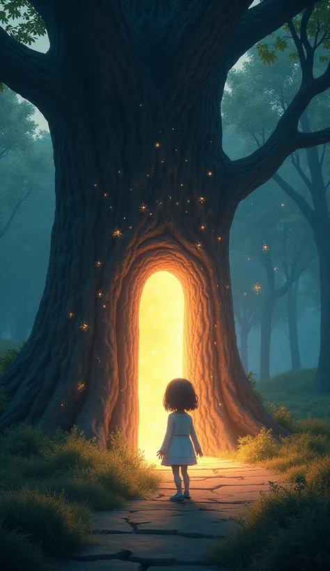 (Masterpiece, high quality, high definition, 4K, 8k、detail )、 A surreal scene with a mysterious door attached to a large old tree. A small girl stands in front of the door and tries to open it. A strong seven-colored light is emanating from the door like a...