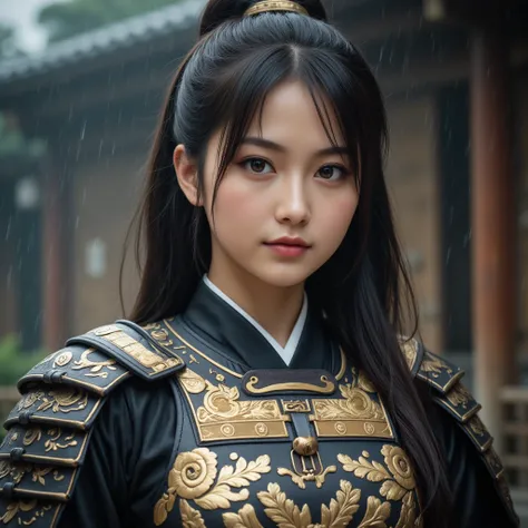 An extremely detailed portrait of a beautiful Japanese female samurai warrior stands under the rain, exuding strength and focus. She has a fierce and determined expression. She wears intricately crafted armor with gold and black accents, now enhanced with ...