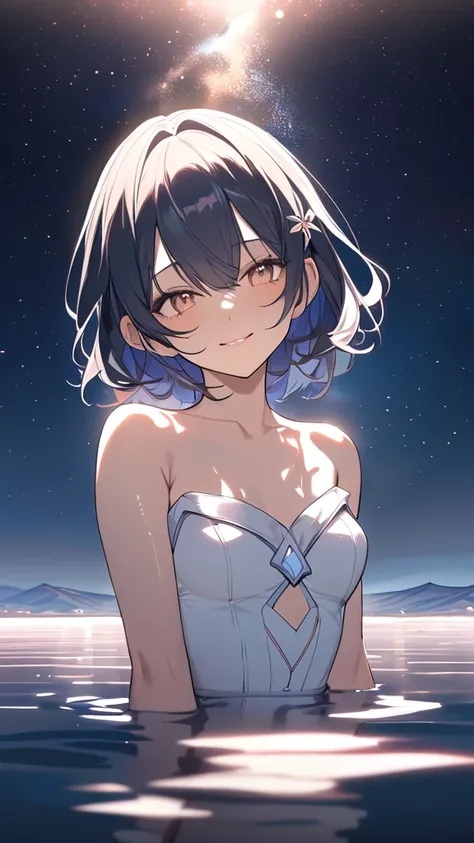 1 girl, ( cute face), ( Medium Hair:1.2),  fantasy anime costume,  small breasts, Gentle smile,  Pottery Skin , break,  Soft Light , (Fantastic Light:1.4), Dreamy Tones, Flowing Shadows,  fantastic atmosphere , break, Starry sky at Uyuni salt lake ,  stars...