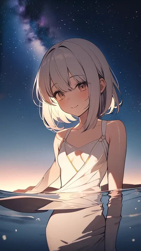 1 girl, ( cute face), ( Medium Hair:1.2),  fantasy anime costume,  small breasts, Gentle smile,  Pottery Skin , break,  Soft Light , (Fantastic Light:1.4), Dreamy Tones, Flowing Shadows,  fantastic atmosphere , break, Starry sky at Uyuni salt lake ,  stars...