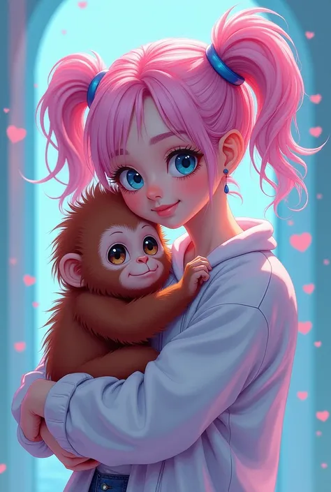  creating a dreamy, whimsical vibe ,  holding a baby  (((Orangutan))) In her arms.  The girl wears cool and stylish clothes {x} The illustration is drawn in a soft pastel blue color scheme,  alluding to neon and futuristic elements .  A very cute girl with...