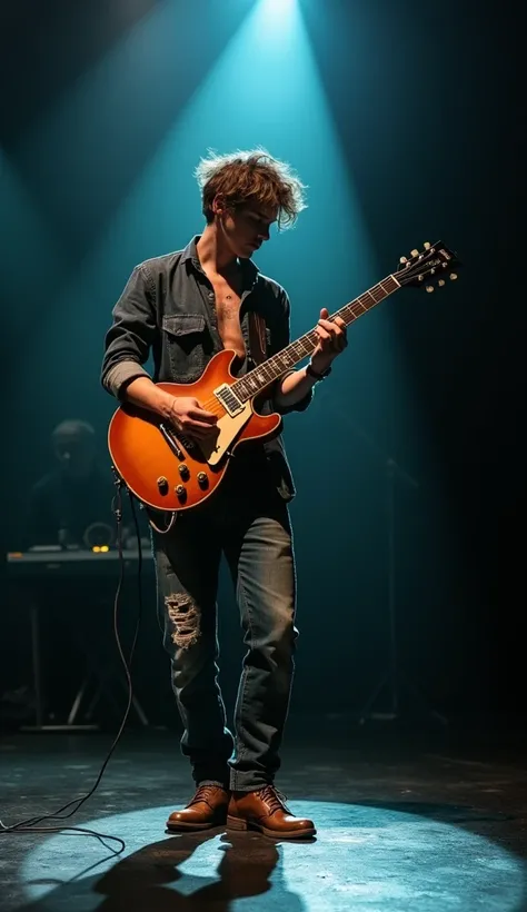 A young male musician stands on stage under a spotlight, wearing a slightly unbuttoned shirt and rugged jeans with subtle wear and tear. He holds a wooden electric guitar, positioned to play, with his gaze down in a moment of focus or introspection. The sc...