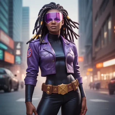  masterpiece ,  best quality ,  ultra high resolution ,  realistic skin texture, comics style, 4k image, beautiful,  an African-American girl , dreadlocks, belt, Alone, long hair, purple eyes,  superhero visor  , breasts,  looking at the viewer , purple ha...