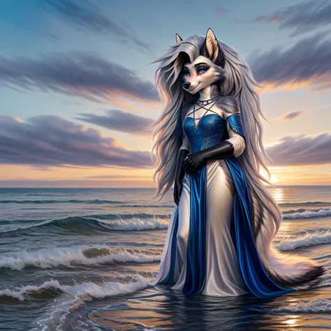 a girl emerging from the sea, swan princess in russian mythology, beautiful serene face, blue eyes, long light hair in braid, moon braided hair at the back, traditional russian shiny clothing with kokoshnik headdress, gentle eyes, half-smile, soft expressi...