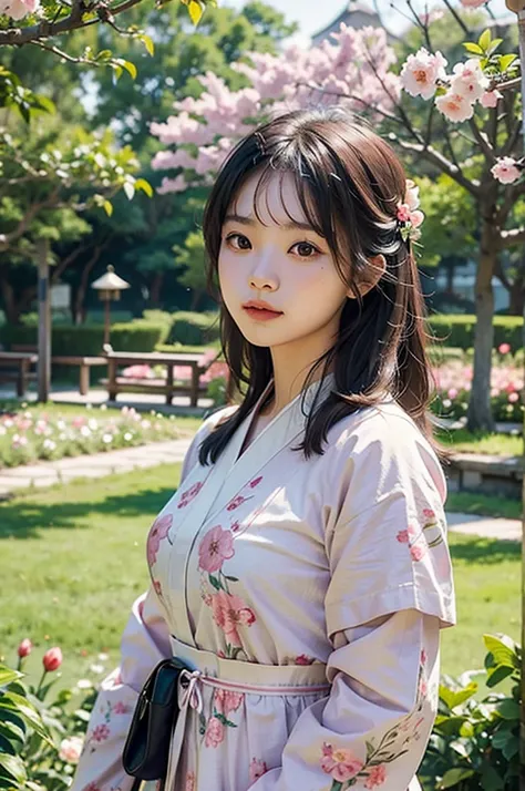 1 asian girl in peach blossom garden, reallistic, depth of field, upper portrait, noise, natural light