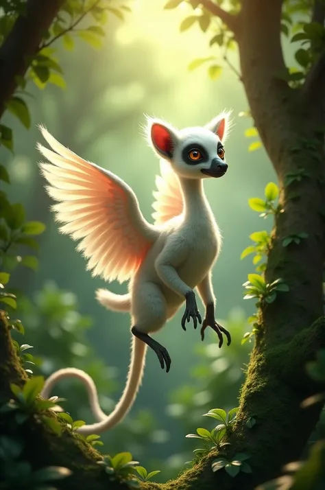 A lemur with a long, graceful swan neck and feathery wings, hopping and gliding through treetops.