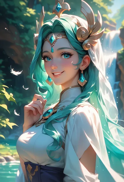 (A 2d European comicbook illustration with bold lineart of a serene high priestess smiling peacefully in a close-up. She’s an elder woman with a soft, knowing gaze, shown against a sacred waterfall with shimmering water illuminating the scene. She wears a ...