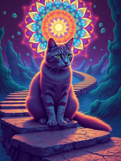 IMG_4789.CR2: ((Masterpiece)), ((ultra-detailed, 8k quality)), (top quality), (best composition), (high resolution), psychedelic style, a mystical cat sitting on swirling stone steps with vibrant, neon colors, abstract shapes and patterns, trippy visuals, ...