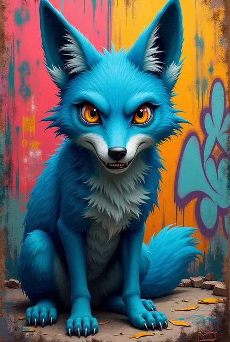 Create photo with a nervous blue-skinned coyote on the face graffiti style drawing 