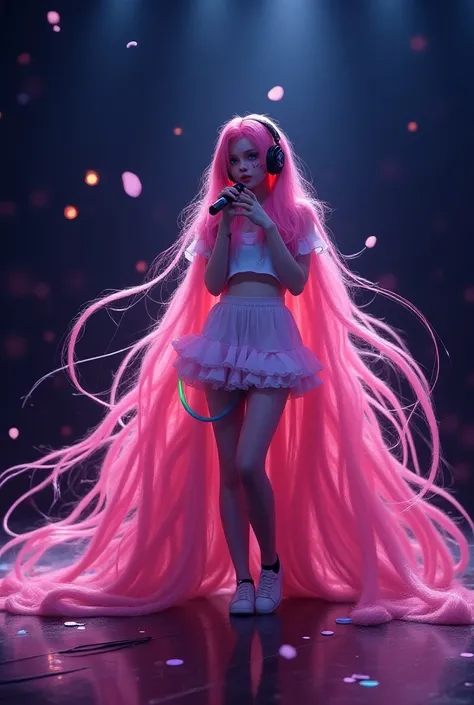 Super Long,  shiny pink hair 、 looks like a river with the color of the sunset 、 flows down one girls back ,  changes and sparkles like cherry blossom petals . Her blue eyes are、Shake,  accurately renders every tuft 、 she sings with conviction ,  headset m...