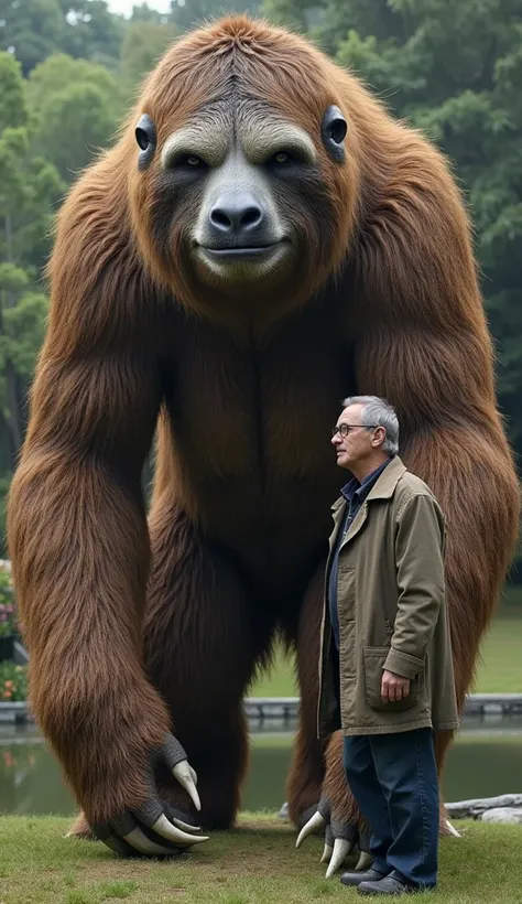  This years photo is a 16k close-up of(Forest Sloth)(, a prehistoric )(giant)(((Very fat):5)And 2m tall ) with (An old man wearing glasses is leaning a dog.), . The background is a lawn area with a natural pond in the back. Cool calm. ,(Creates images with...