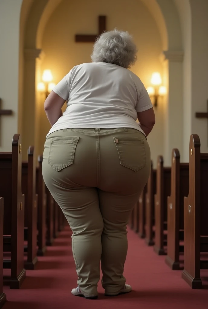 (((Huge sexy booty granny))). Big butt cheeks. Gigantic butt. In khakis. Candid booty. Bending over. Giant booty is in front of camera. Slim waist. White t shirt. In church. Looking back at camera seductively.