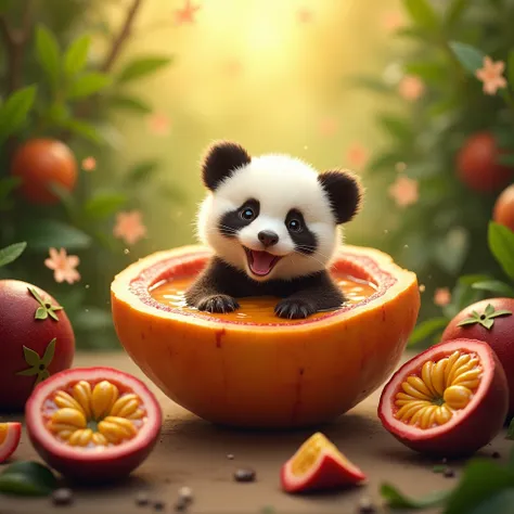 Baby panda, in a big passion fruit, opened mouth, having bath with passion fruit juice, background garden, sunshine, full of cut and not cut passion fruits, romantic styles 