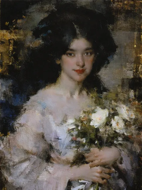 Portrait, 1 jeune fille blonde en harlequin, **********, alone, white robe, tenant un bouquet de fleurs,  very long hair ,  blue flower , Black Hair, rose rouge,  strong contrast , dark background, dye , painting, paste .