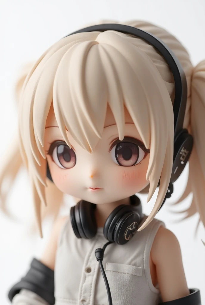 a close-up shot of a doll wearing headphones, white background, photographic, poetic, CGSociety, neo-dada, from Arknights, style as nendoroid, Arknights, nendoroid, Good Smile Company anime style, nendoroid 3d, anime figure, nendoroid, anime figure, twin t...