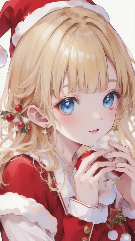  Hi-Res, accurate,  high detail , , Blonde, Christmas、Red and white outfit、,  blue eyes, happiness/joy, Black Hair,  very detailed, 