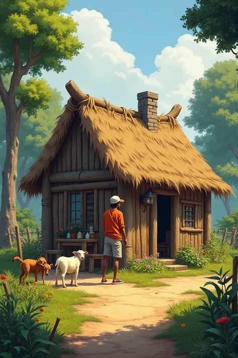 A very clear ultra hd dynamic image of "A modest, simple farmhouse made of wood and thatch. The surroundings are rustic, with a small garden and a few animals, showing the humble lifestyle of Arjun."