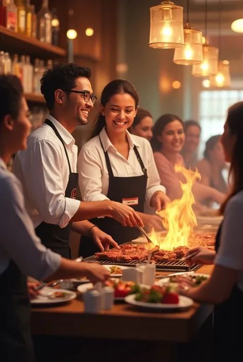 Buffalo grill team of several origins: close-knit waiter with shirt and badge and cook with white jacket, good atmosphere and laughter, happy customers