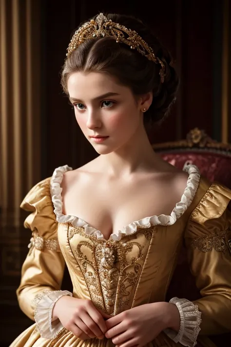 1girl,18th century baroque,detailed intricate dress,detailed fabric folds,ornate hairstyle,beautiful detailed eyes,beautiful detailed lips,extremely detailed face,porcelain skin,warm lighting,chiaroscuro lighting,cinematic lighting,dramatic shadows,rich co...