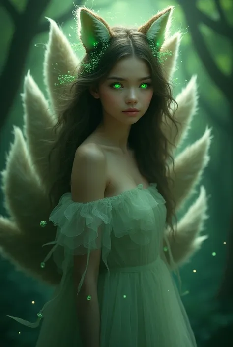 Green-eyed girl with fox tails