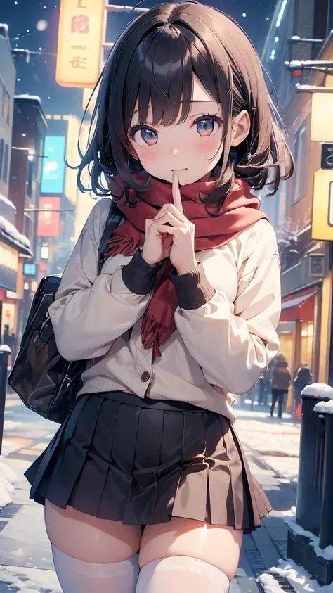 (((masterpiece,  Hi-Res, Best Quality,  anatomically correct,  high detail ,  Ultra High Definition,)))、kawaii、JK、Winter uniform、 Its Snowing 、Snow Scene、 in the city at night、Cardigan、scarf、Put your fingers on a scarf 、mouth on scarf、（scarf with a harpoon...