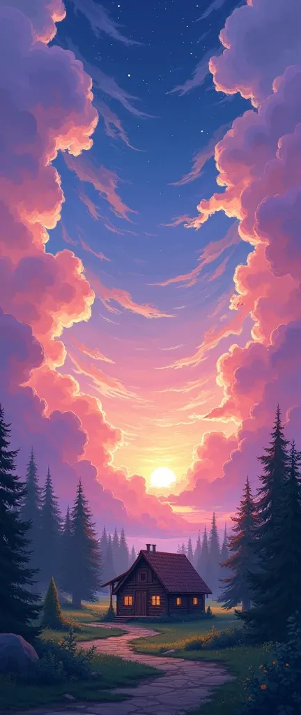 Anime wallpaper illustration of magical looking clouds behind a wooden cabin in the woods, the sun is setting lighting up the clouds with a mix of purple and orange godl colours.