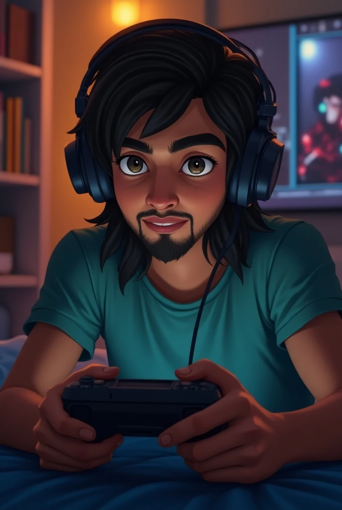 A handsome boy playing video game , wearing headphones and long wavy hair  and normal beard as a 18 year Indian  boy