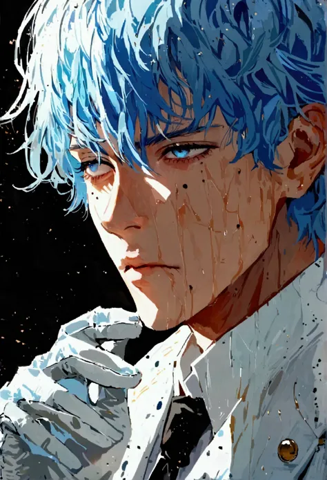 A 20 year old man with sky blue wavy hair yellow and blue eyes holding a straight stoic face, wearing a white suit with black gloves also with a mole under the left eye