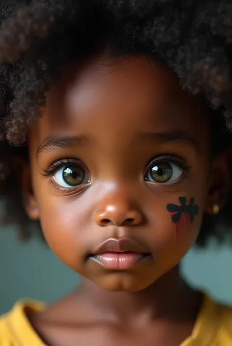 (photorealism:1.2), toddler girl, dark skin, large burn scar from ear across cheek bone to undereye, Afro black hair, green eyes, detailed eyes, detailed lips, extremely detailed face, (best quality,8k,highres,masterpiece:1.2), (realistic,photo-realistic:1...