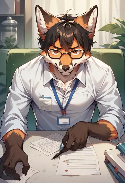 A ((fox)), anthro, man, dark hair, solo, with view glasses, brown eyes, pharmacist, in a pharmacy,