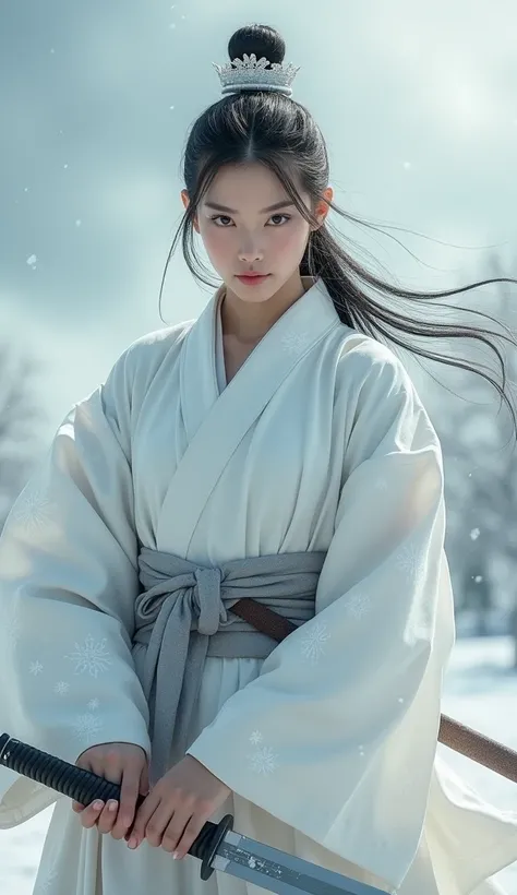 Front view ,  wearing a white Hanfu， The background is a battlefield for fighting，Snowflakes floating in the sky ，cloudy day，Chinese female warriors ,  fighting posture ，Holding a war knife ,  shows Oriental samurai style:1.3)( Surrealist , 超 High Res, Ret...