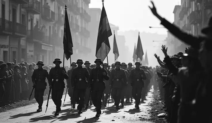  
Vintage style,  Black and white image ,  Revolution and war in Spain in 1936 , Military parade, families cheer for the troops in their wake, Medium shot, cinematic, 