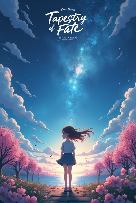 Create an anime poster that looks similar to the poster of the anime movie "Your Name" with the title "Tapestry of Fate" with the main character being a teenage female with a similar plot of the anime "Orange."