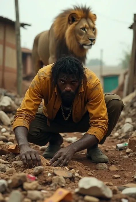 MrBeast, full body, He eats from the trash , He looks poor, dirty, In an African country, Behind him is a lion