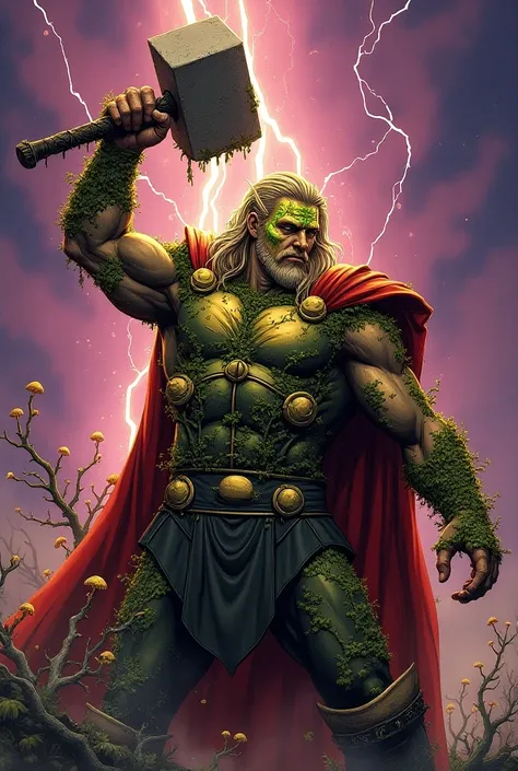 Thor (fungal version ): "Ilustre Thor em sua fungal version , no HQ style.  He is in an attack position ,  with Mjolnir raised above his head ,  surrounded by an aura of electrical energy and spores .  His golden armor is covered by vines and fungi that ar...