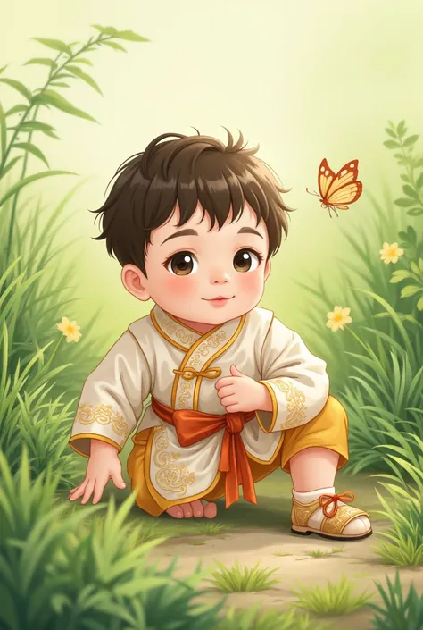 Chinese Baby Boy One Man Illustration、anime、High image quality、cute、llustration, Wearing an Antique Chinese Dress with Stuffed Hair,Put on vintage shoes,CRAWL IN THE GRASS ,butterfly